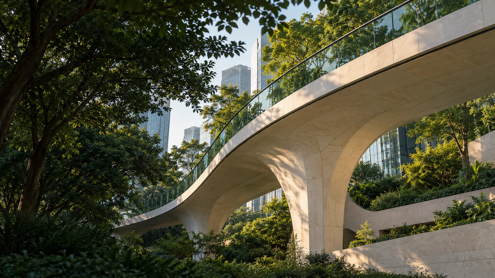 Sculptural stone bridge connecting a green urban landscape